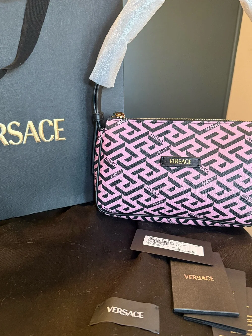 Versace La Greca Signature Shoulder Bag Pink Black Canvas Gold Metal Authentic